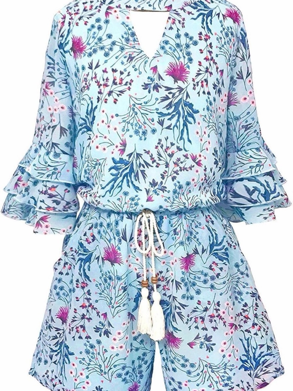 Floral Light Blue Ruffle Sleeve Romper